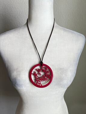 Red Laser Cut Acrylic Forest Tree Pendant Leather Strap Necklace Woodland Nature